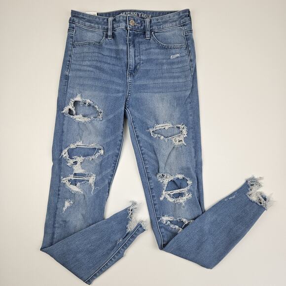 American Eagle Super Hi-Rise Jegging Jeans Women's 4 Denim Destroyed Medium Wash - Picture 1 of 9